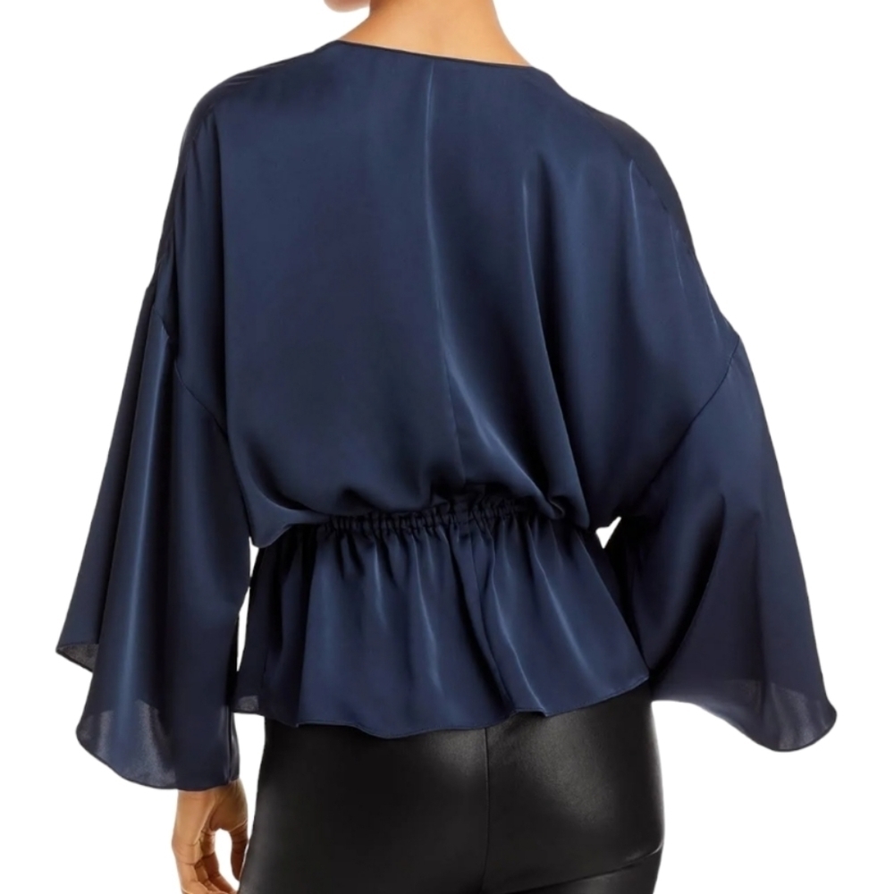 Ramy Brook Navy Blue Katrina Tie Neck Bell Sleeve Blouse - Size Large - Picture 2 of 10